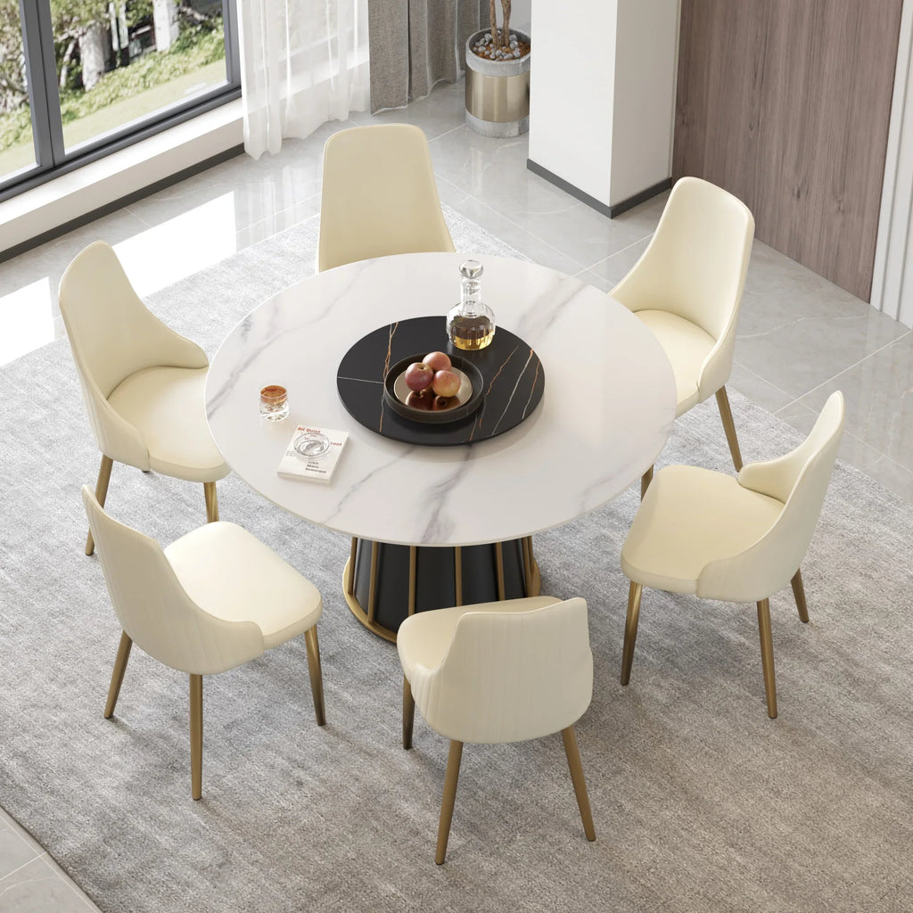 Marbella Sintered Stone Dining Table | 53" White Gloss Round With Lazy Susan Turntable