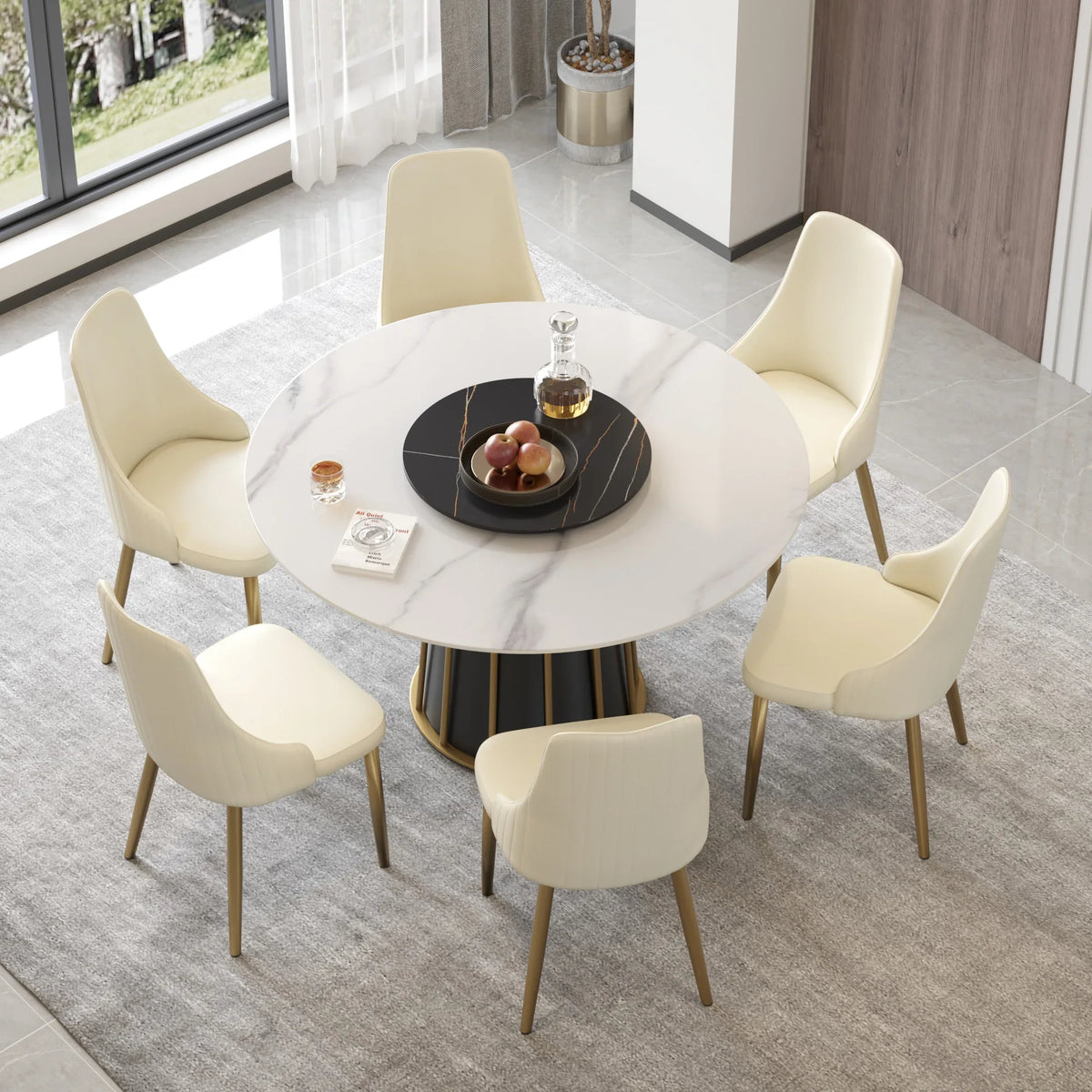 Marbella Sintered Stone Dining Table | 53" White Gloss Round With Lazy Susan Turntable