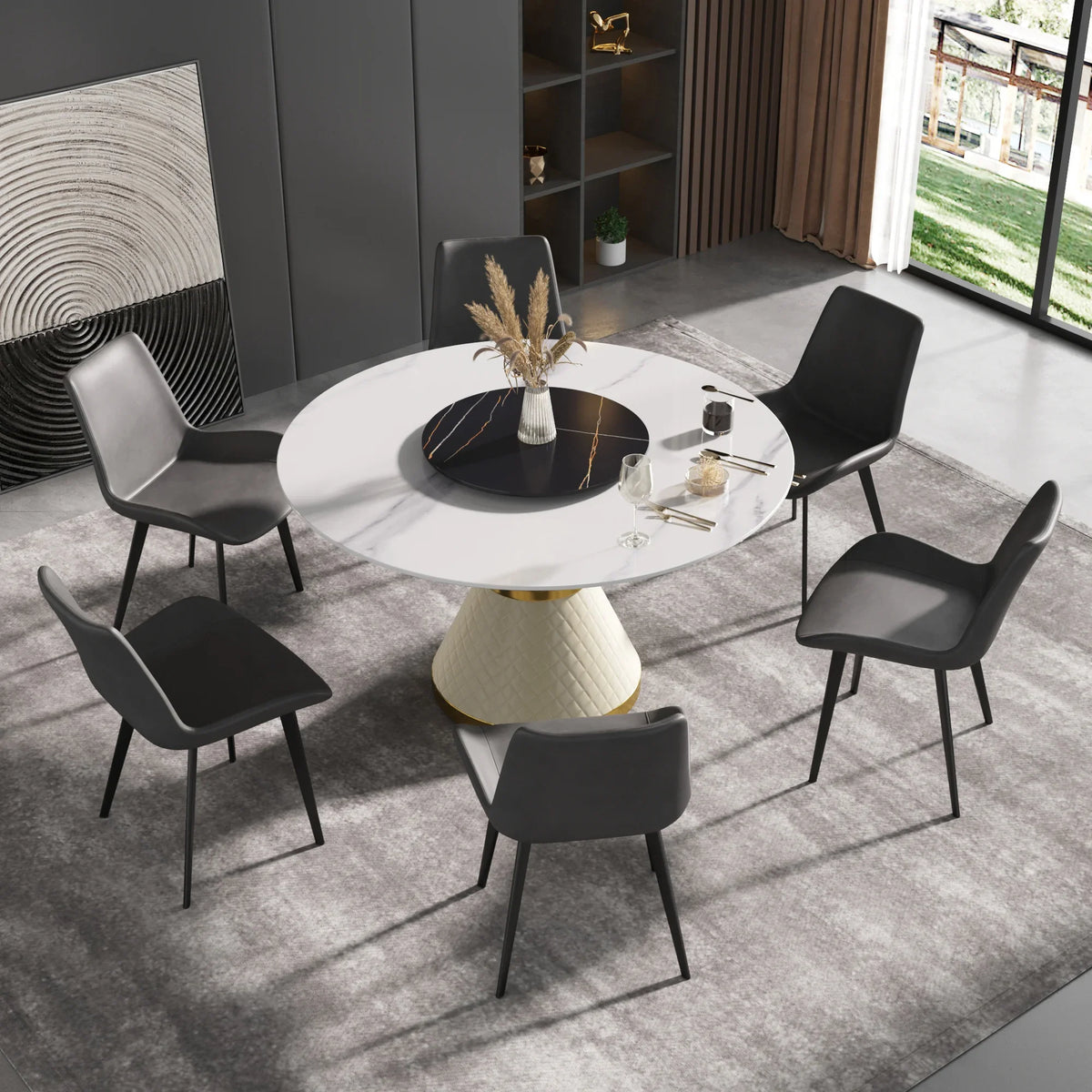 Marbella Sintered Stone Dining Table | 53" White Gloss Round With Lazy Susan Turntable