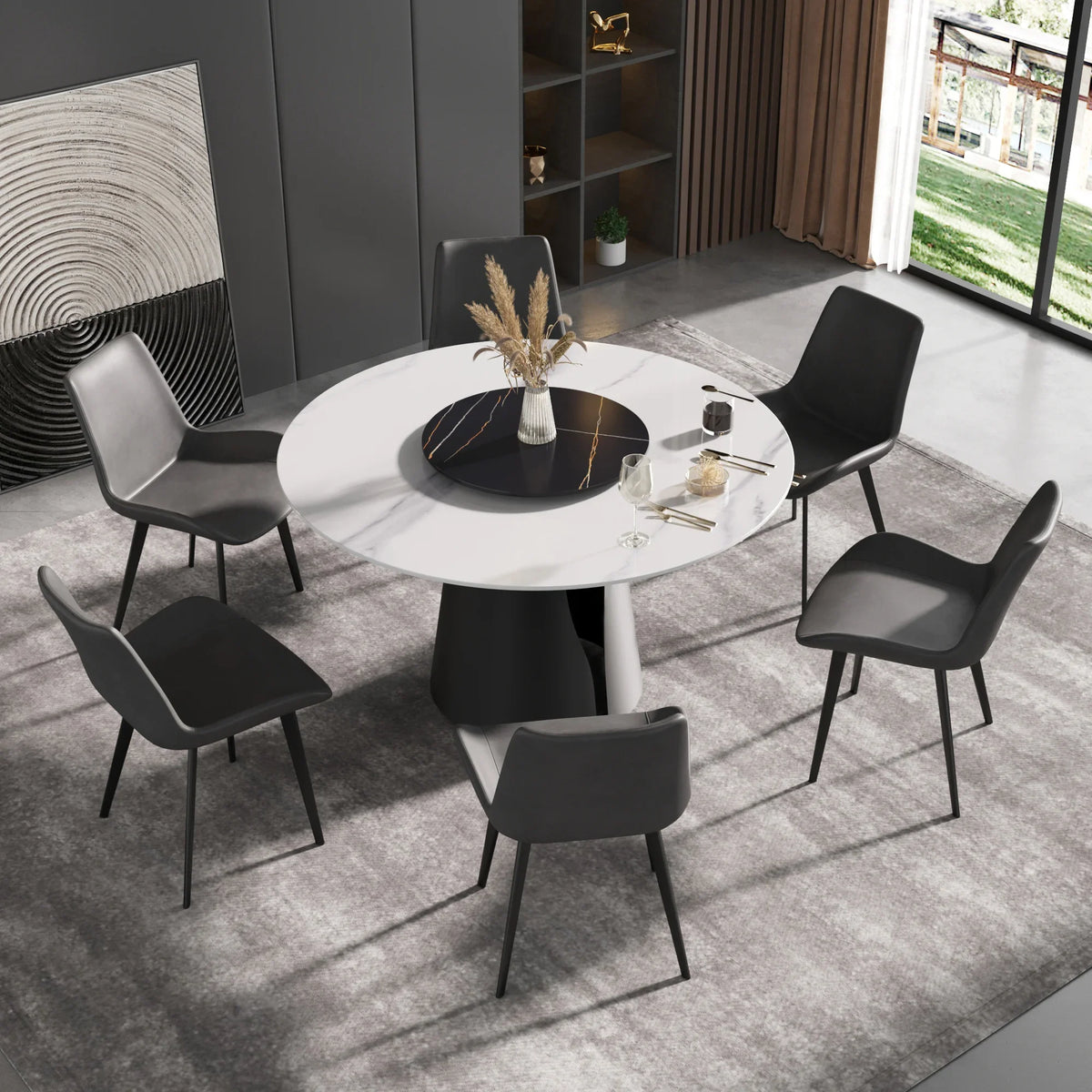 Marbella Sintered Stone Dining Table | 53" White Gloss Round With Lazy Susan Turntable