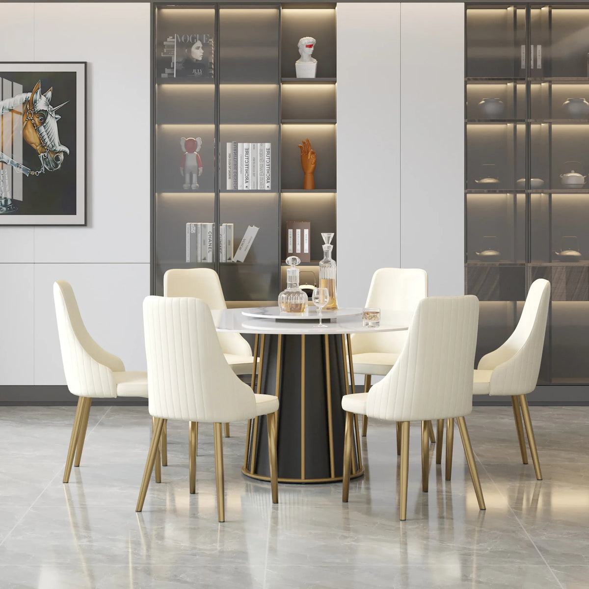 Marbella Sintered Stone Dining Table | 53" White Gloss Round With Lazy Susan Turntable