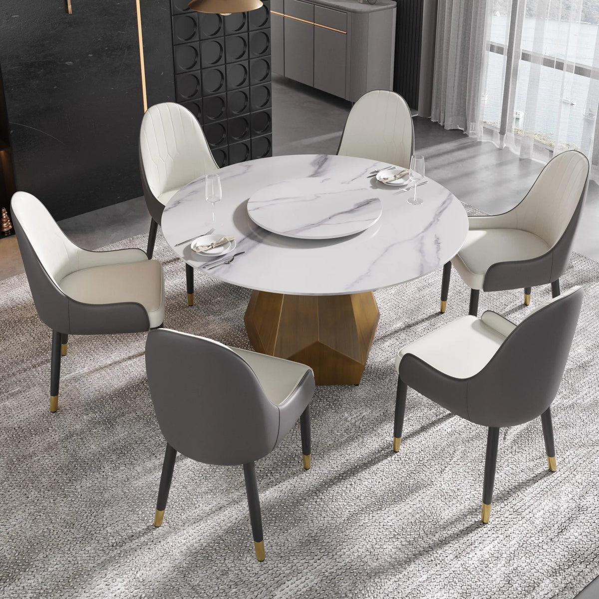 Marbella Sintered Stone Dining Table | 53" White Gloss Round With Lazy Susan Turntable