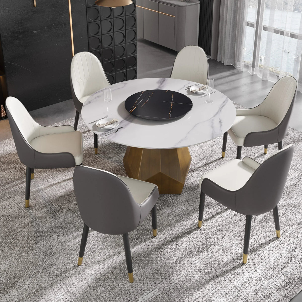 Marbella Sintered Stone Dining Table | 53" White Gloss Round With Lazy Susan Turntable