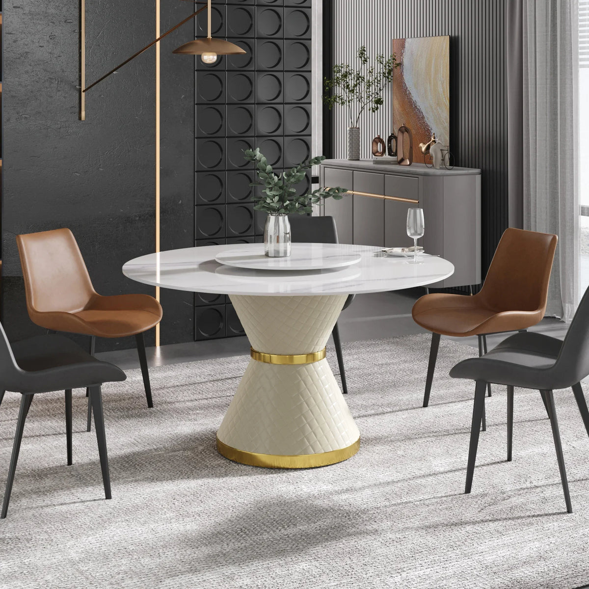 Marbella Sintered Stone Dining Table | 53" White Gloss Round With Lazy Susan Turntable