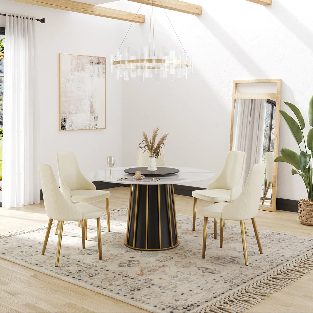 Marbella Sintered Stone Dining Table | 53" White Gloss Round With Lazy Susan Turntable