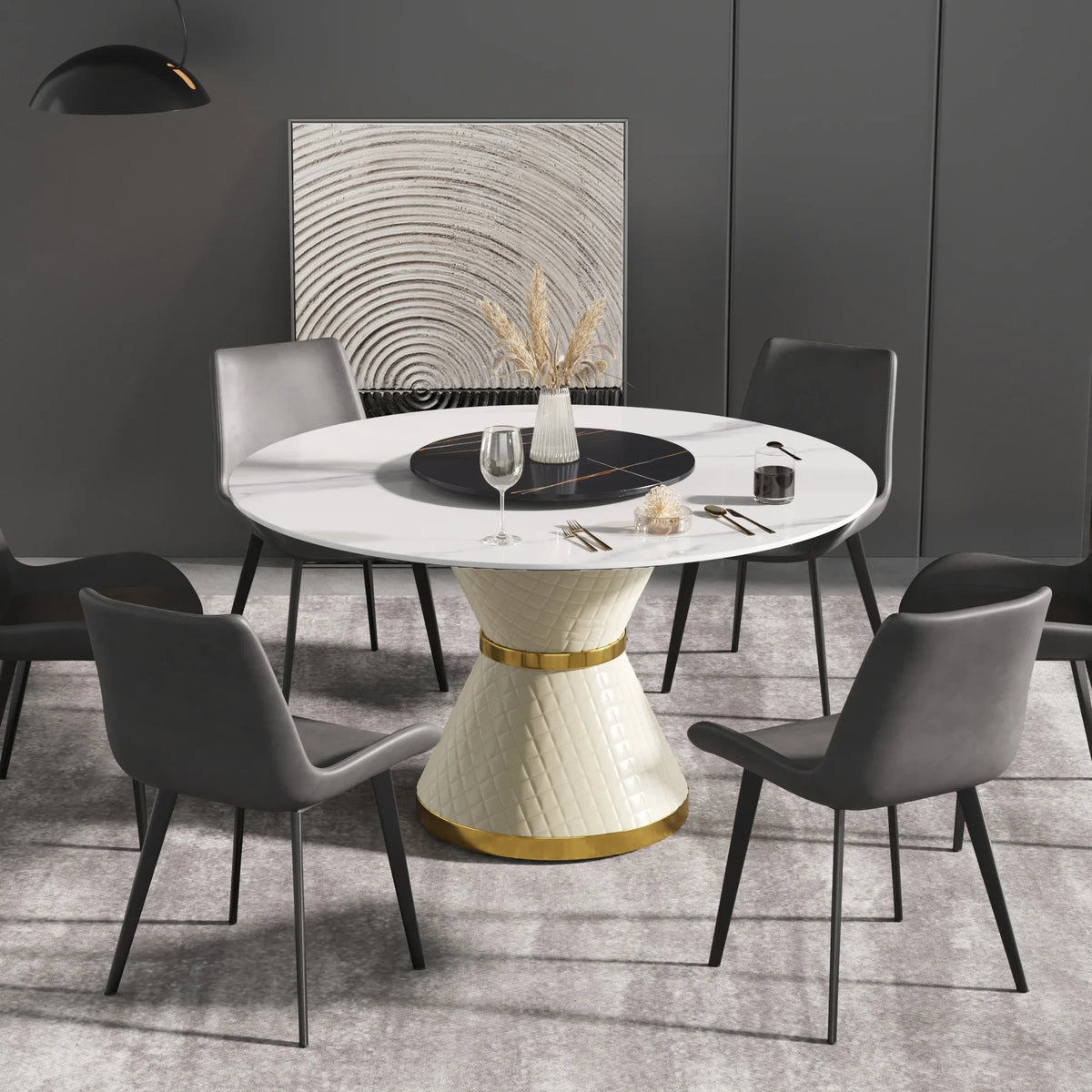 Marbella Sintered Stone Dining Table | 53" White Gloss Round With Lazy Susan Turntable