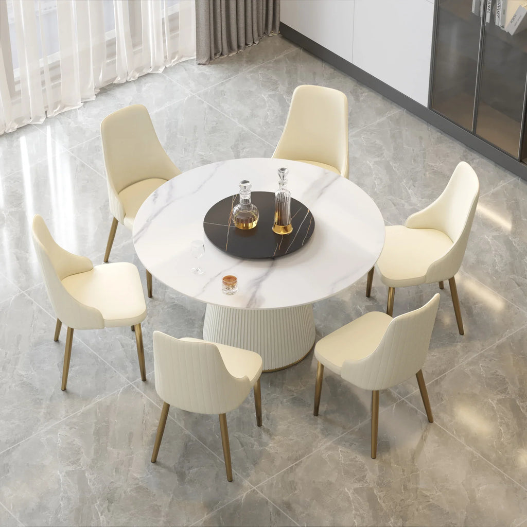Marbella Sintered Stone Dining Table | 53" White Gloss Round With Lazy Susan Turntable