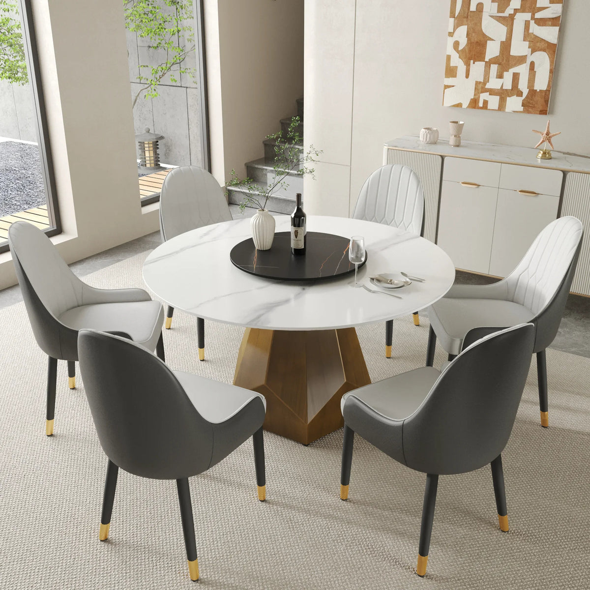 Marbella Sintered Stone Dining Table | 53" White Gloss Round With Lazy Susan Turntable