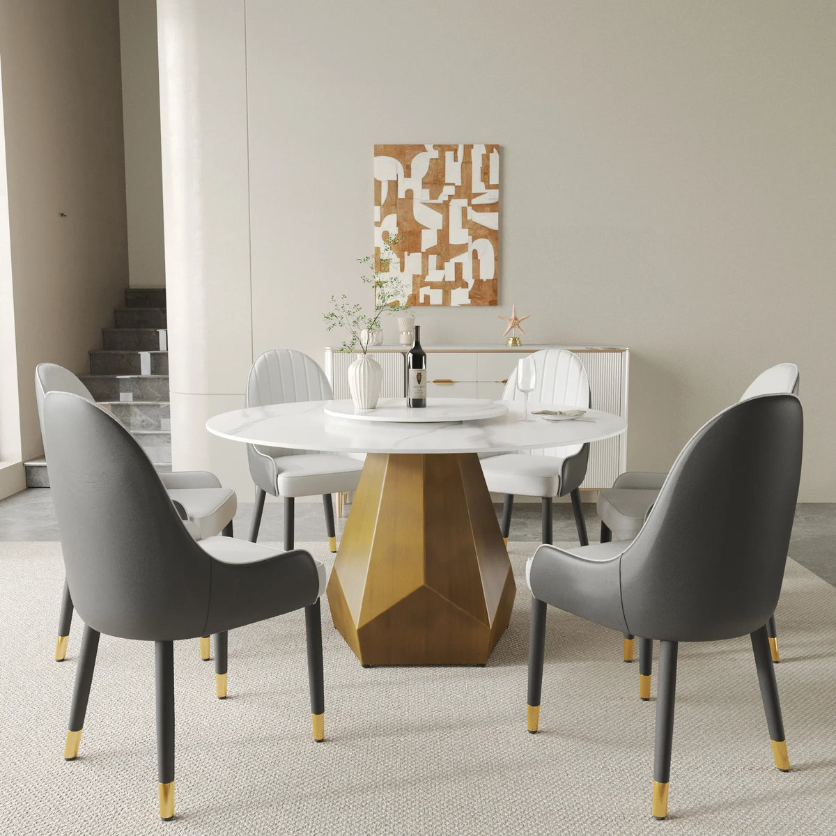 Marbella Sintered Stone Dining Table | 53" White Gloss Round With Lazy Susan Turntable