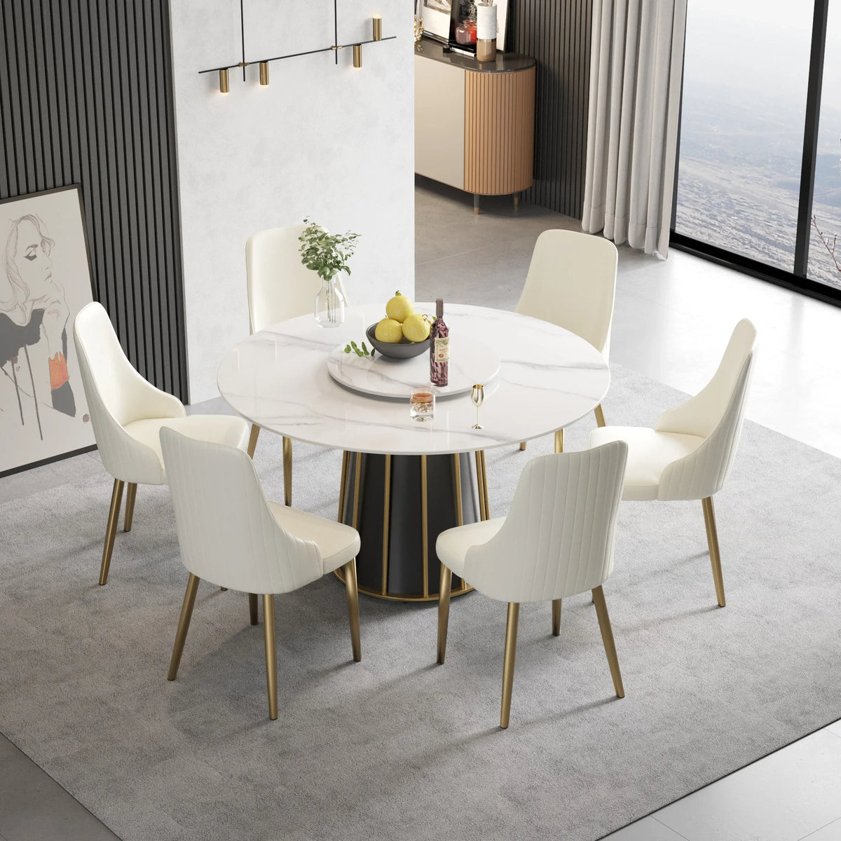 Marbella Sintered Stone Dining Table | 53" White Gloss Round With Lazy Susan Turntable