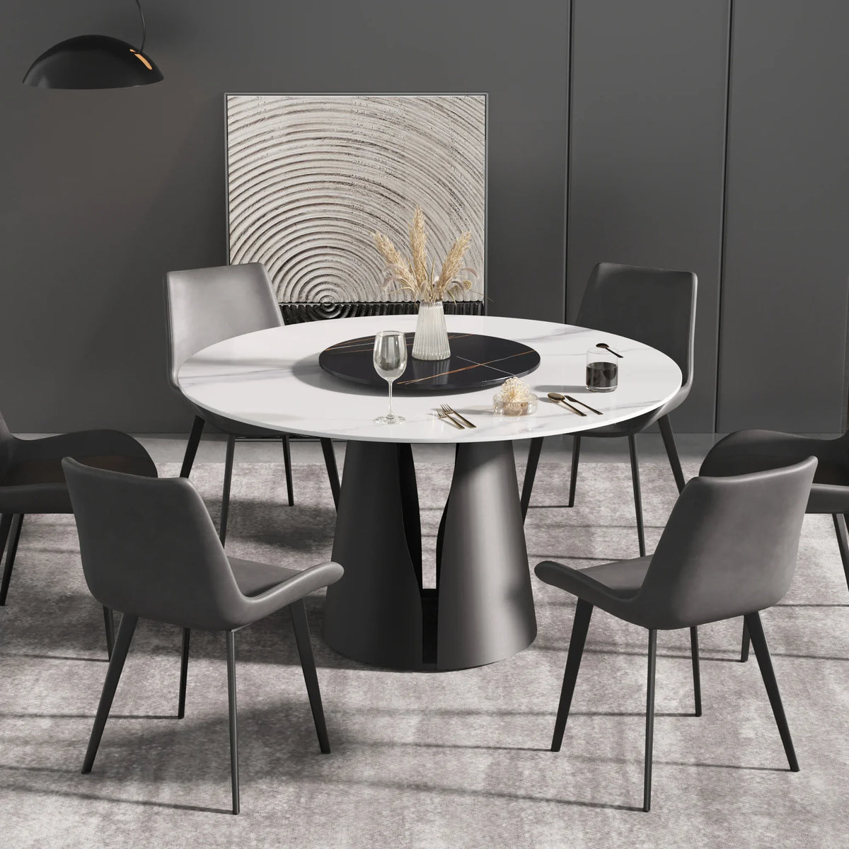 Marbella Sintered Stone Dining Table | 53" White Gloss Round With Lazy Susan Turntable