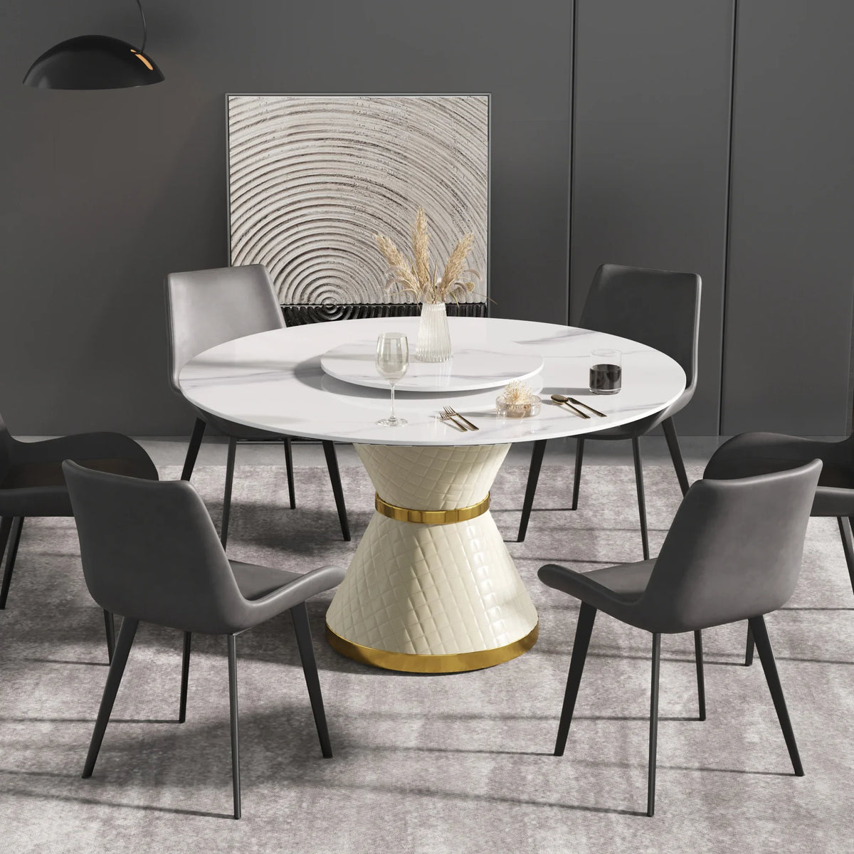 Marbella Sintered Stone Dining Table | 53" White Gloss Round With Lazy Susan Turntable