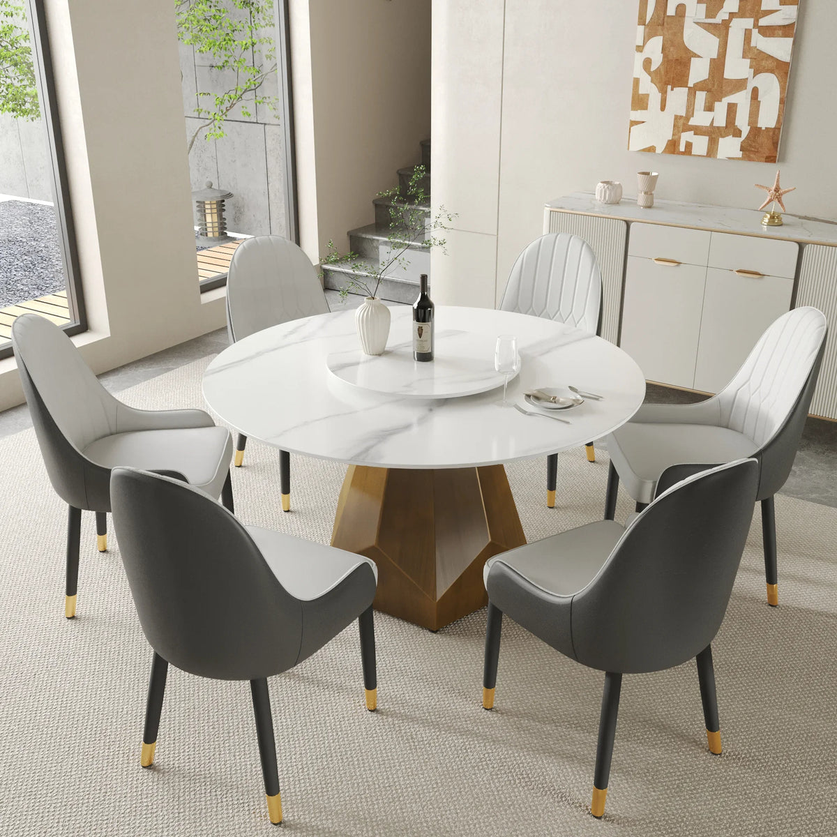 Marbella Sintered Stone Dining Table | 53" White Gloss Round With Lazy Susan Turntable