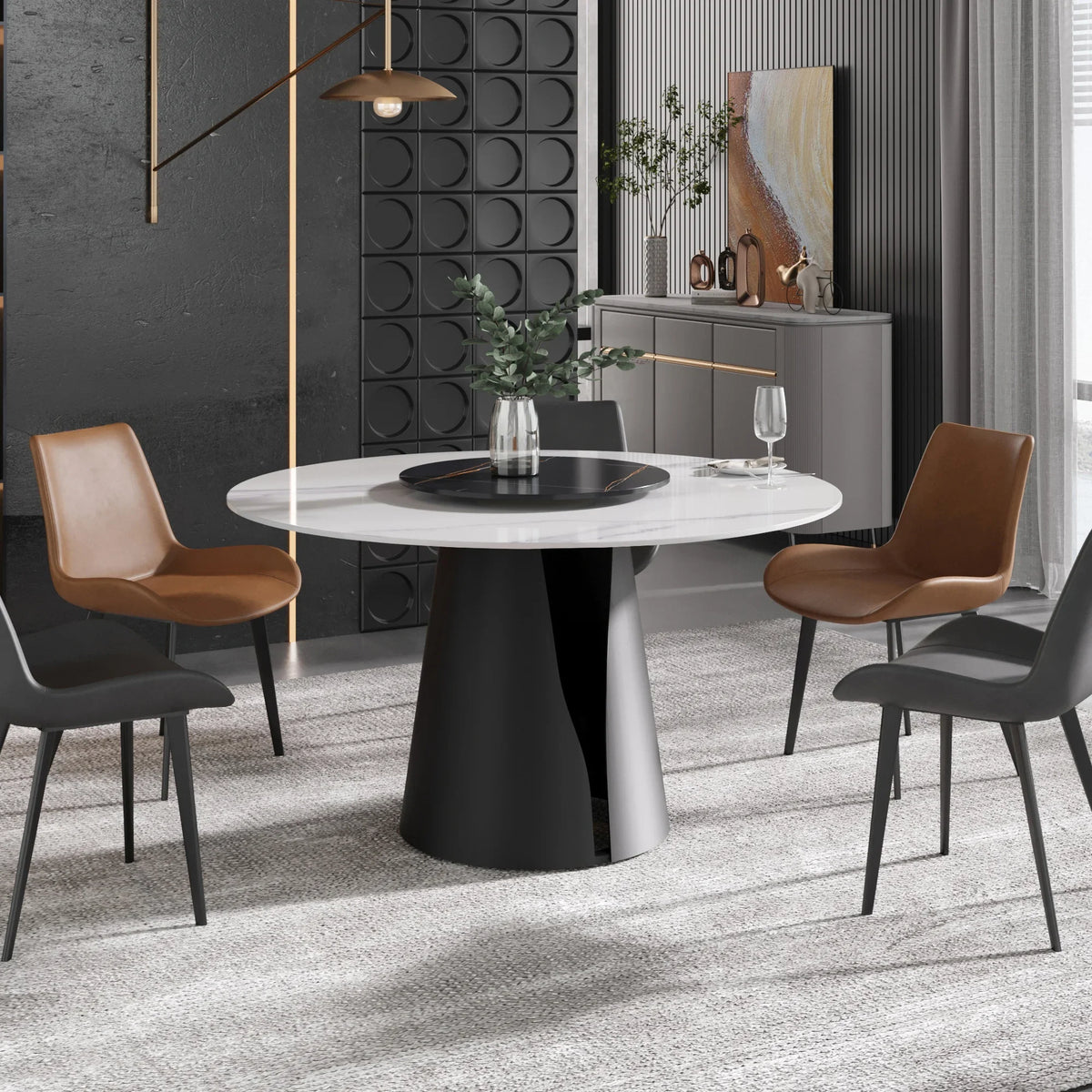 Marbella Sintered Stone Dining Table | 53" White Gloss Round With Lazy Susan Turntable