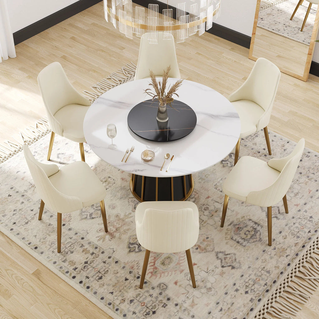 Marbella Sintered Stone Dining Table | 53" White Gloss Round With Lazy Susan Turntable