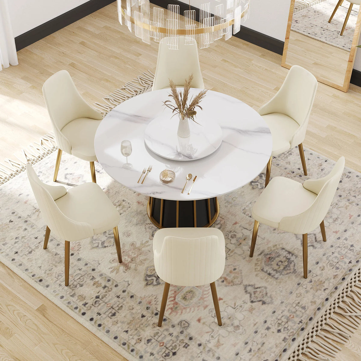 Marbella Sintered Stone Dining Table | 53" White Gloss Round With Lazy Susan Turntable