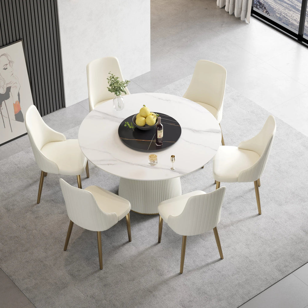 Marbella Sintered Stone Dining Table | 53" White Gloss Round With Lazy Susan Turntable
