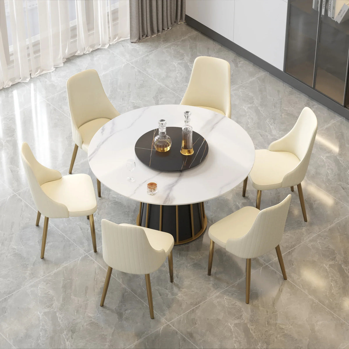 Marbella Sintered Stone Dining Table | 53" White Gloss Round With Lazy Susan Turntable