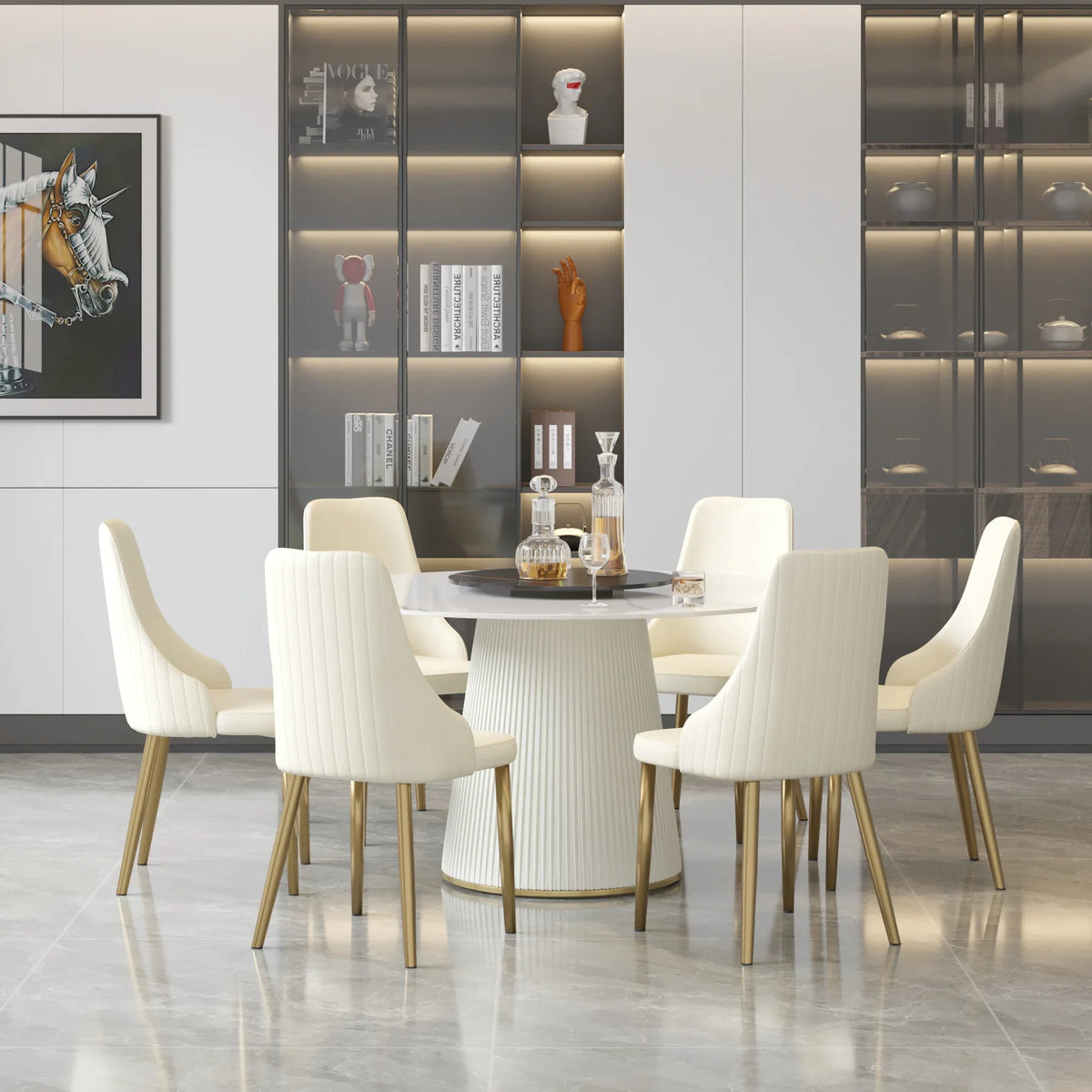 Marbella Sintered Stone Dining Table | 53" White Gloss Round With Lazy Susan Turntable