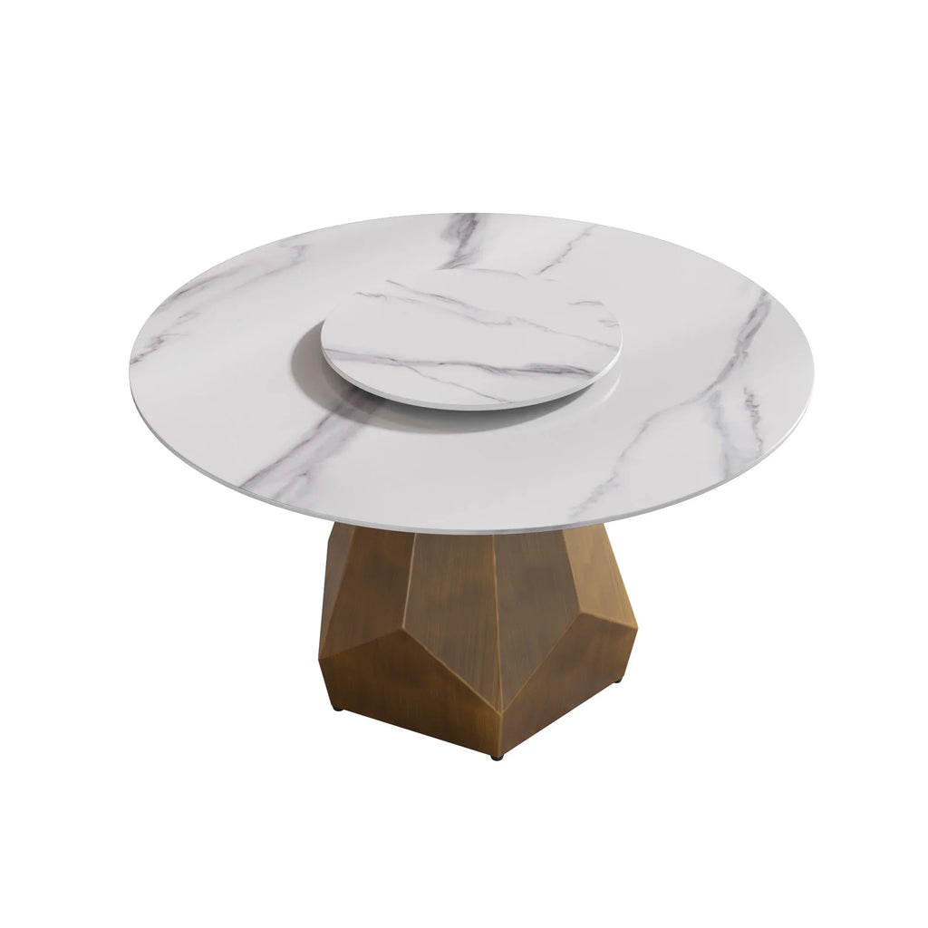 Marbella Sintered Stone Dining Table | 53" White Gloss Round With Lazy Susan Turntable