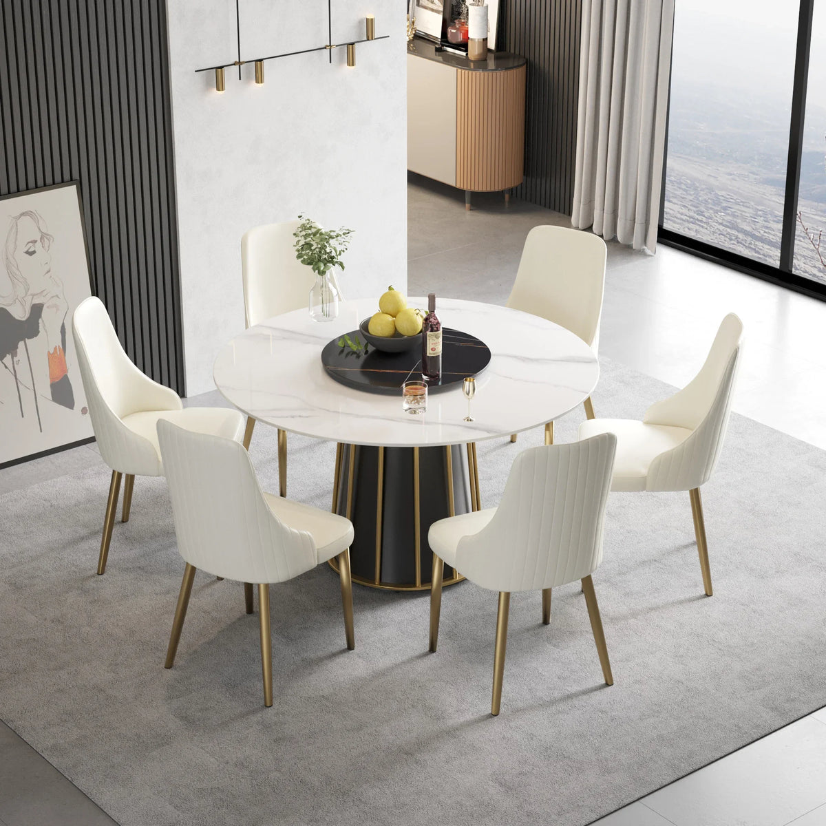 Marbella Sintered Stone Dining Table | 53" White Gloss Round With Lazy Susan Turntable