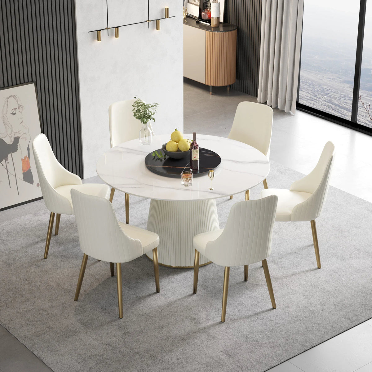 Marbella Sintered Stone Dining Table | 53" White Gloss Round With Lazy Susan Turntable