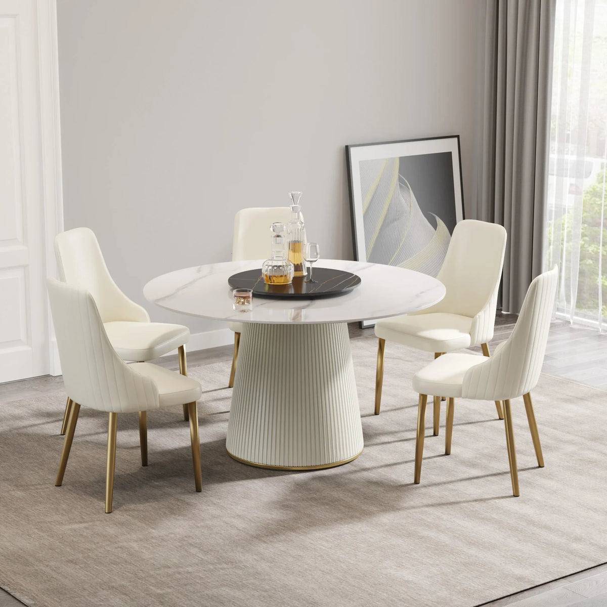 Marbella Sintered Stone Dining Table | 53" White Gloss Round With Lazy Susan Turntable