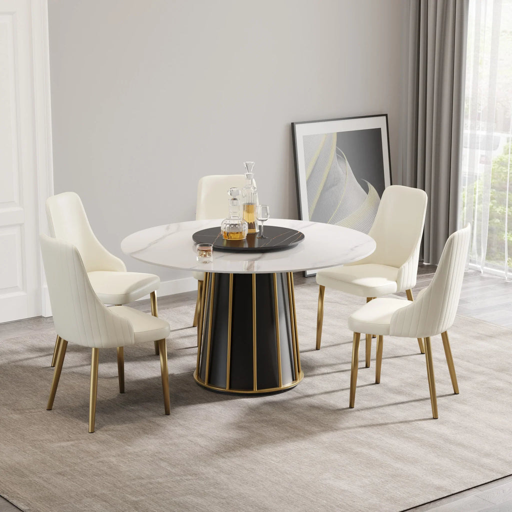Marbella Sintered Stone Dining Table | 53" White Gloss Round With Lazy Susan Turntable