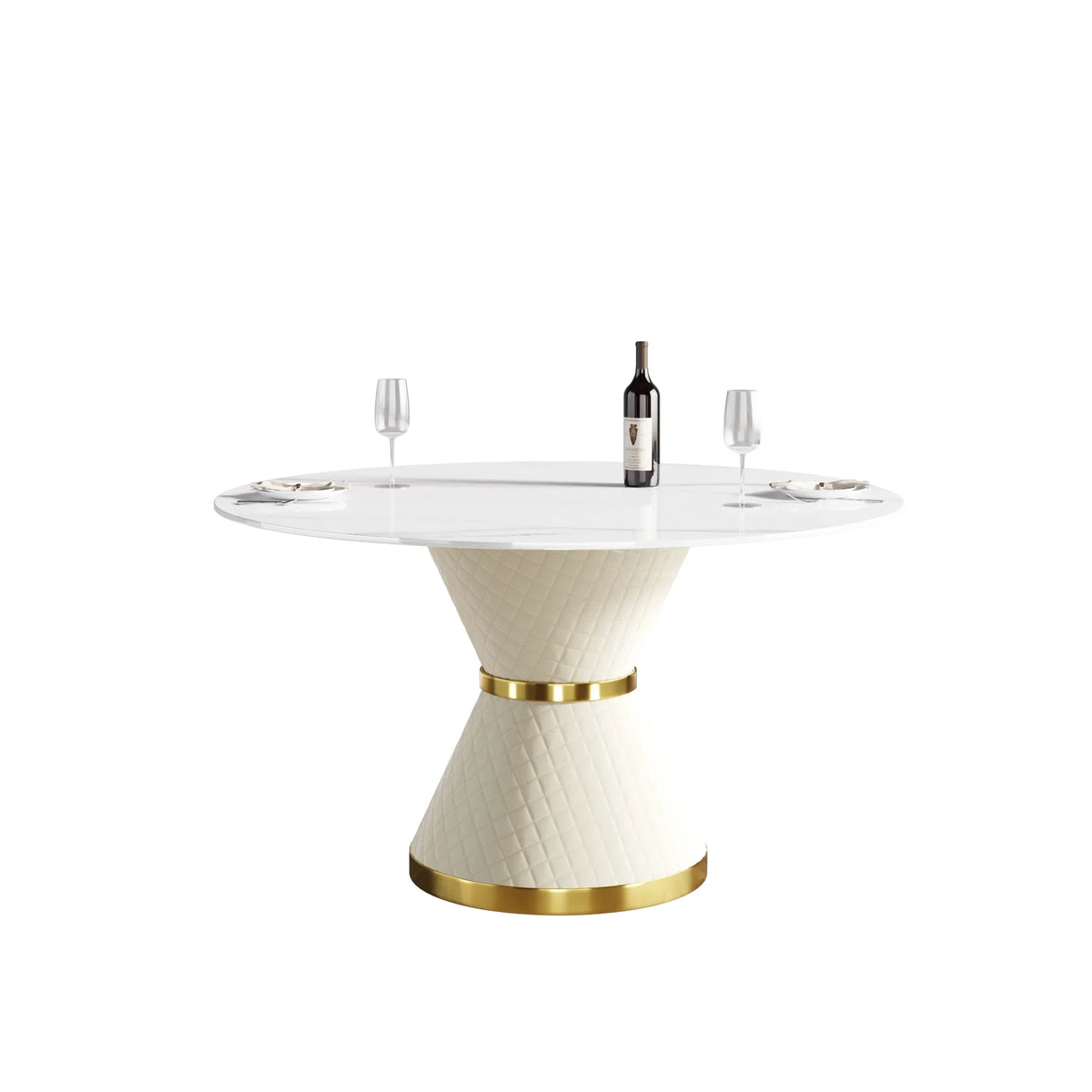 Marbella Sintered Stone Dining Table | 53" White Gloss Round With Leather-Covered Base