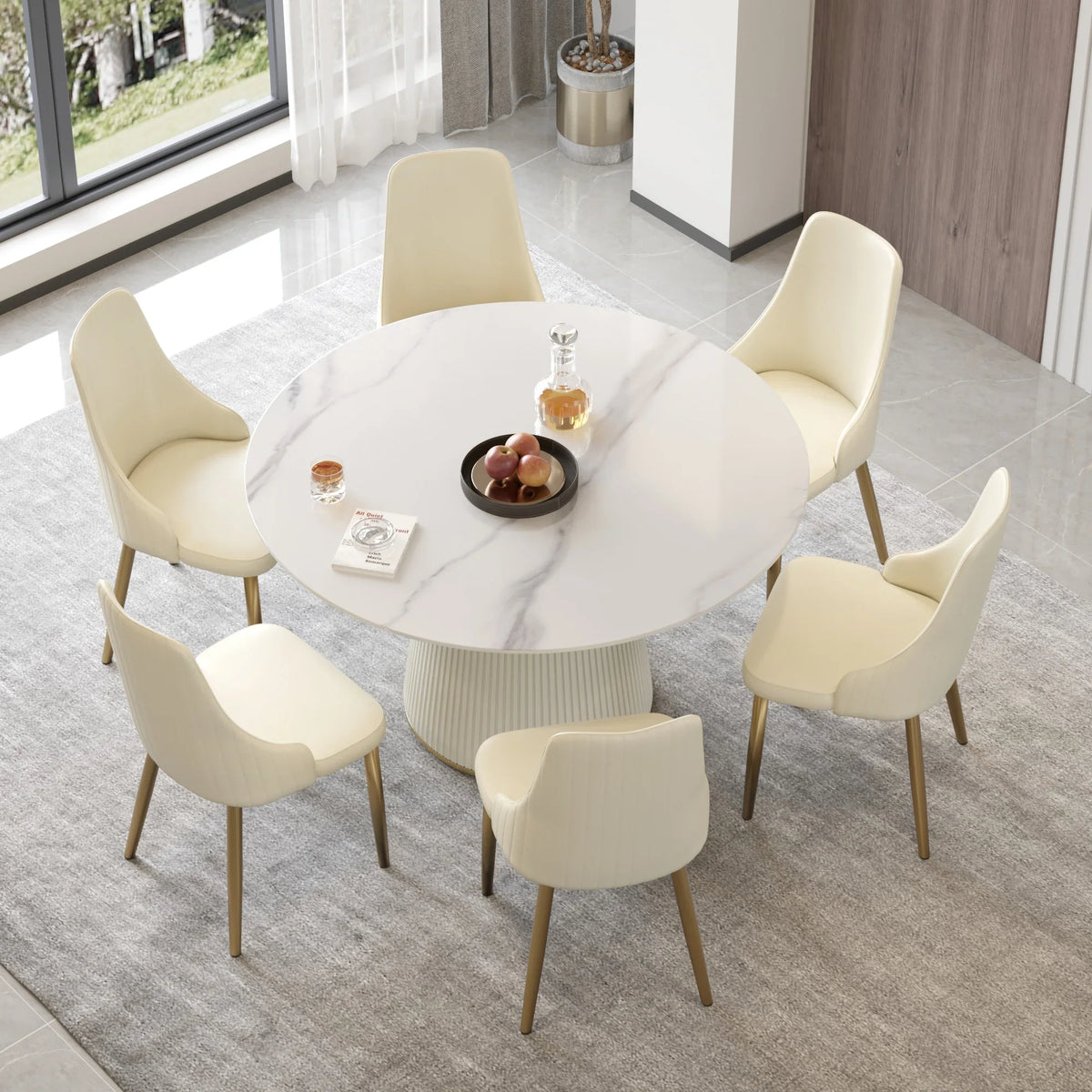 Marbella Sintered Stone Dining Table | 53" White Gloss Round With Leather-Covered Base