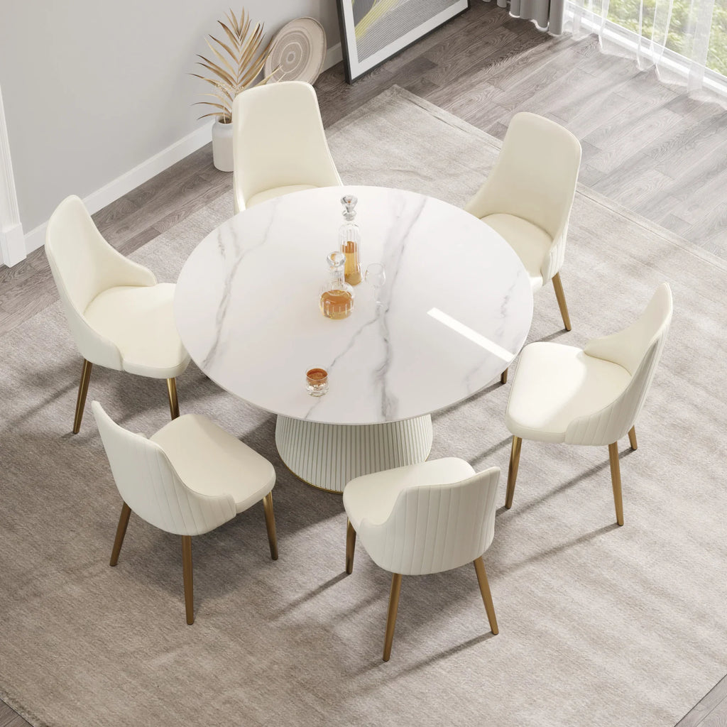 Marbella Sintered Stone Dining Table | 53" White Gloss Round With Leather-Covered Base