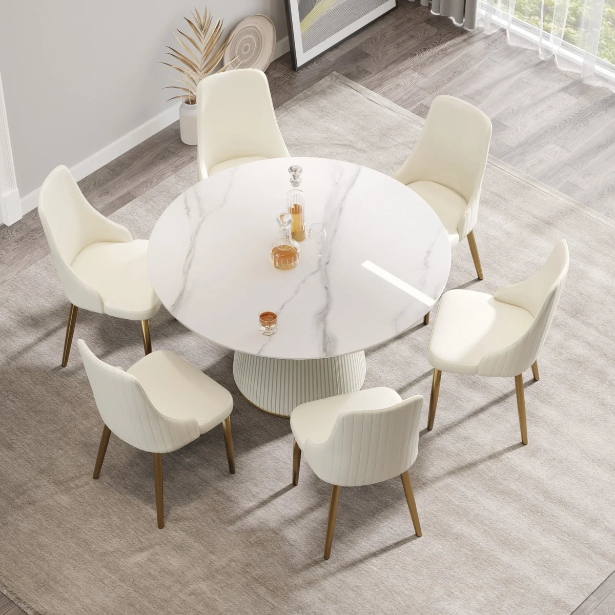 Marbella Sintered Stone Dining Table | 53" White Gloss Round With Leather-Covered Base