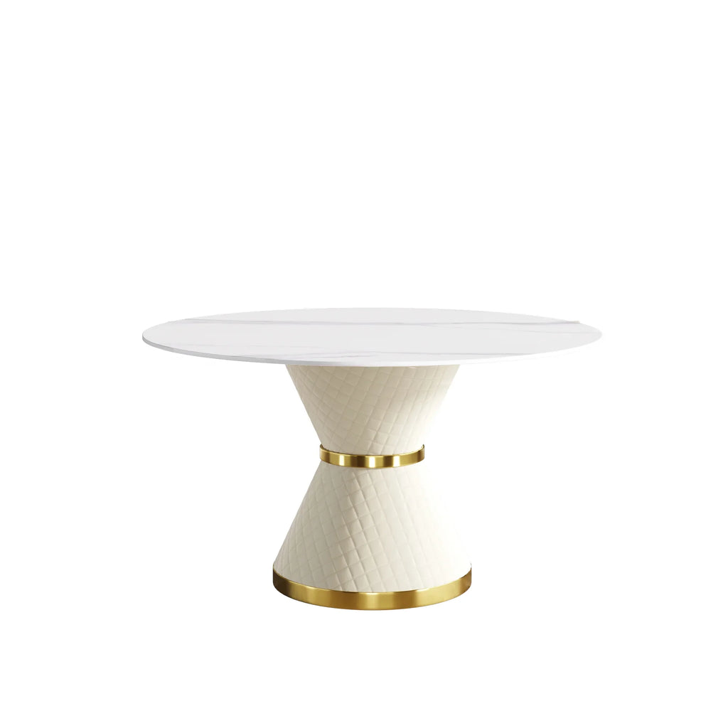 Marbella Sintered Stone Dining Table | 53" White Gloss Round With Leather-Covered Base