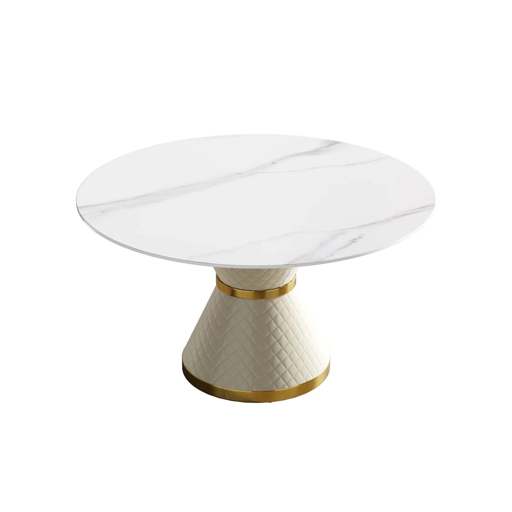 Marbella Sintered Stone Dining Table | 53" White Gloss Round With Leather-Covered Base