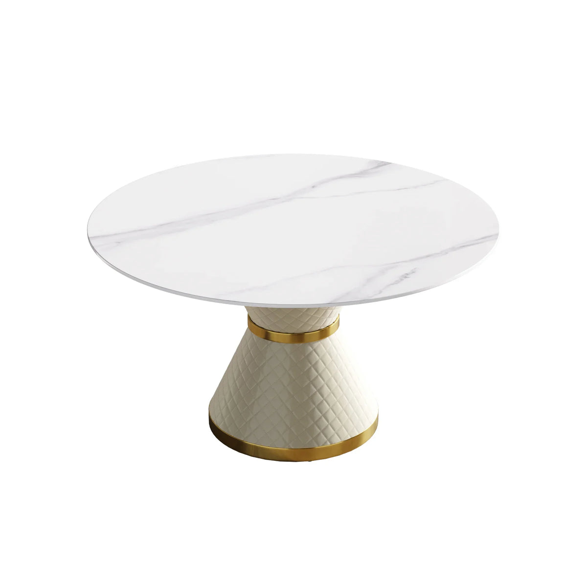 Marbella Sintered Stone Dining Table | 53" White Gloss Round With Leather-Covered Base