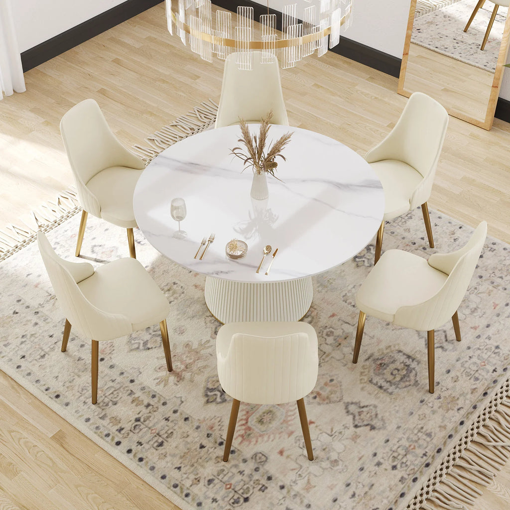 Marbella Sintered Stone Dining Table | 53" White Gloss Round With Leather-Covered Base