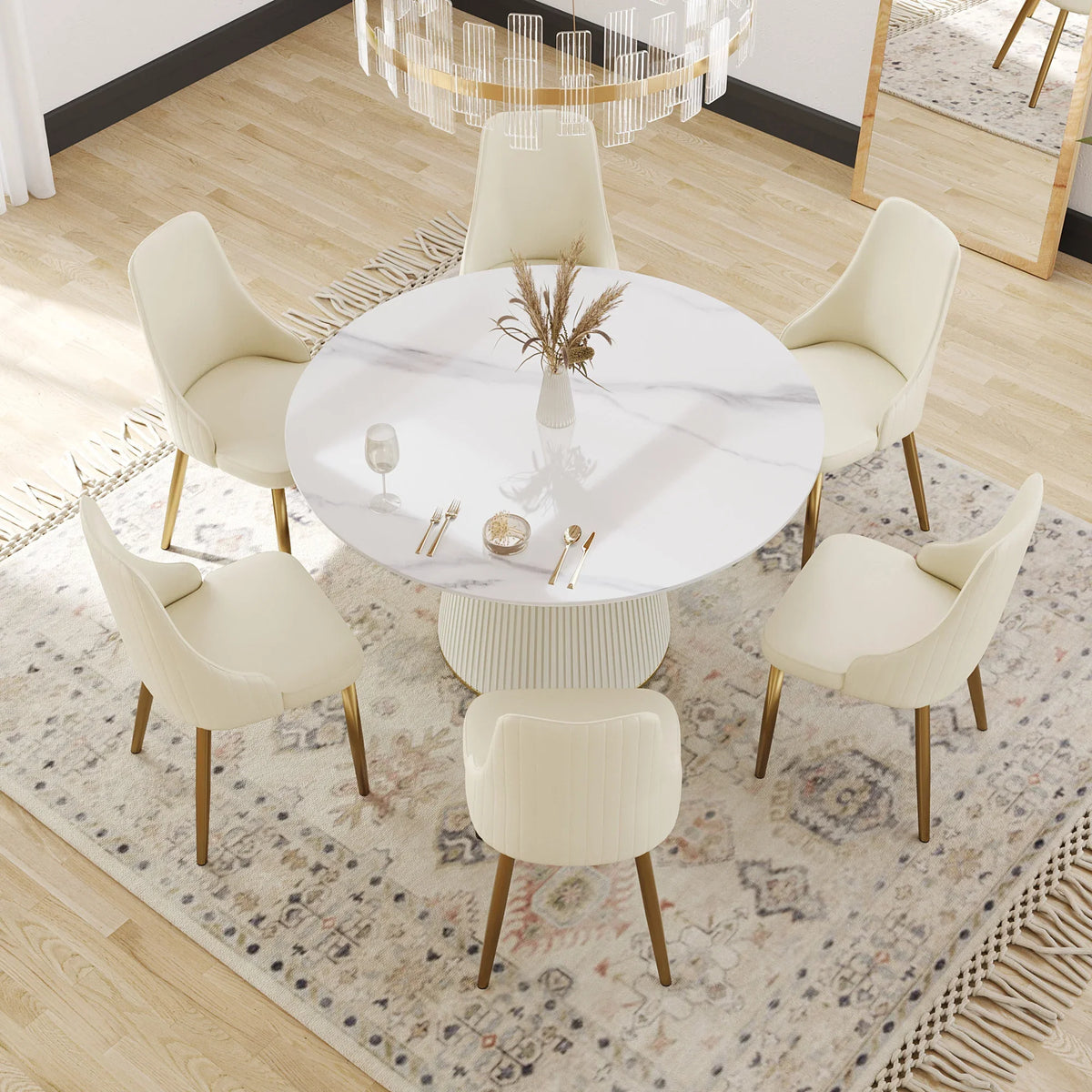 Marbella Sintered Stone Dining Table | 53" White Gloss Round With Leather-Covered Base