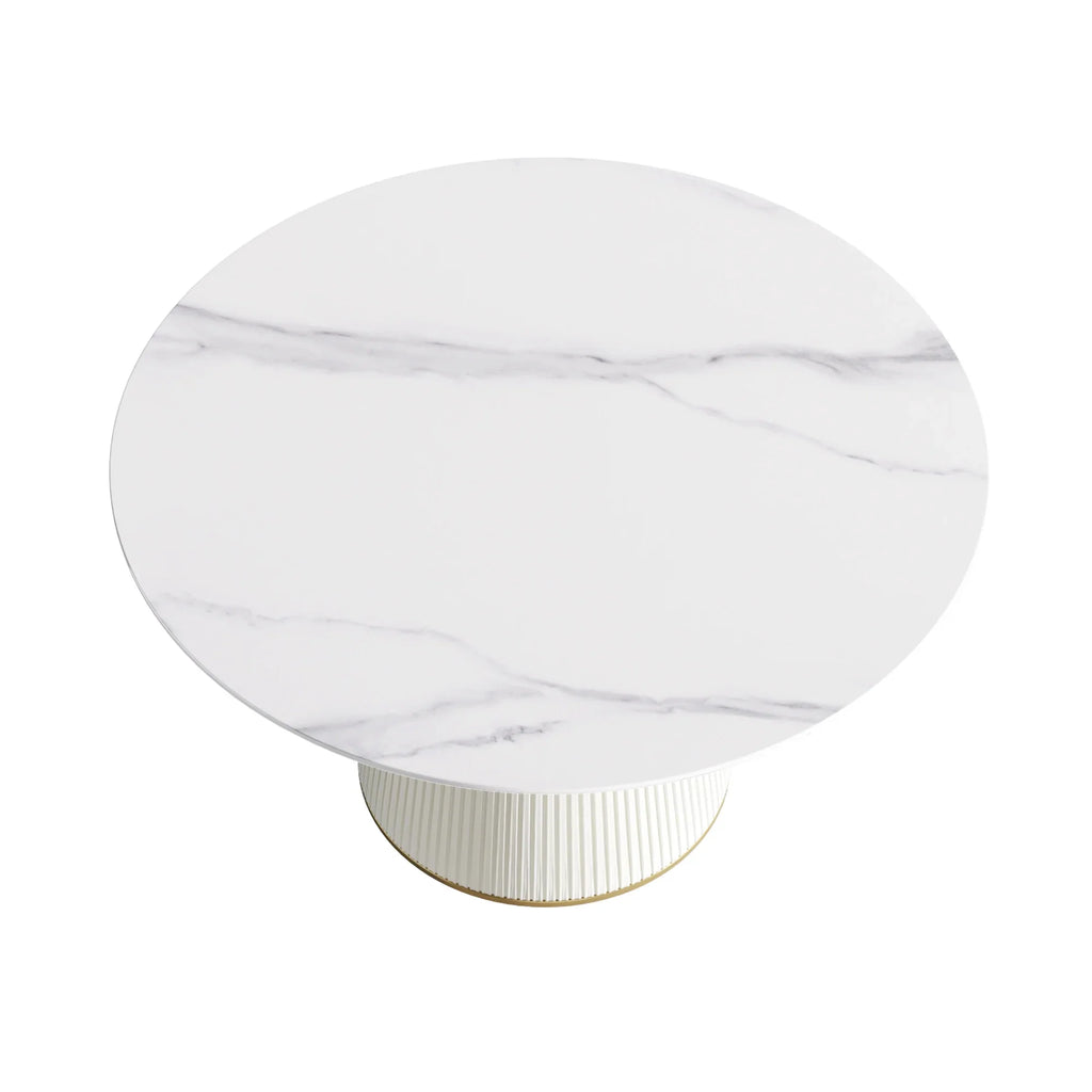 Marbella Sintered Stone Dining Table | 53" White Gloss Round With Leather-Covered Base