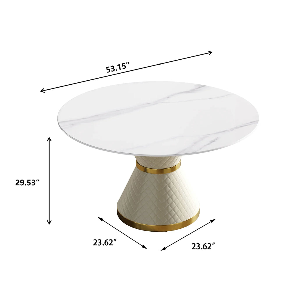 Marbella Sintered Stone Dining Table | 53" White Gloss Round With Leather-Covered Base