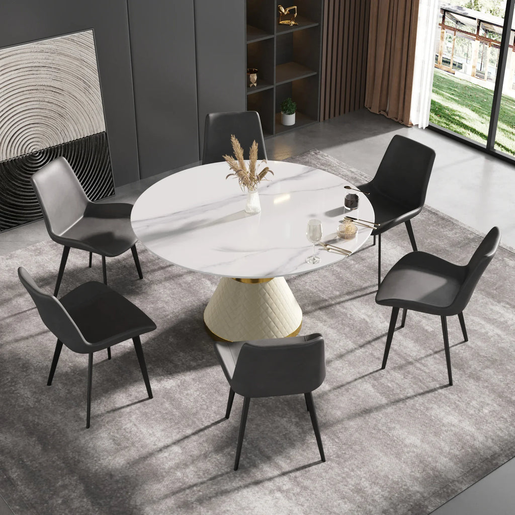 Marbella Sintered Stone Dining Table | 53" White Gloss Round With Leather-Covered Base