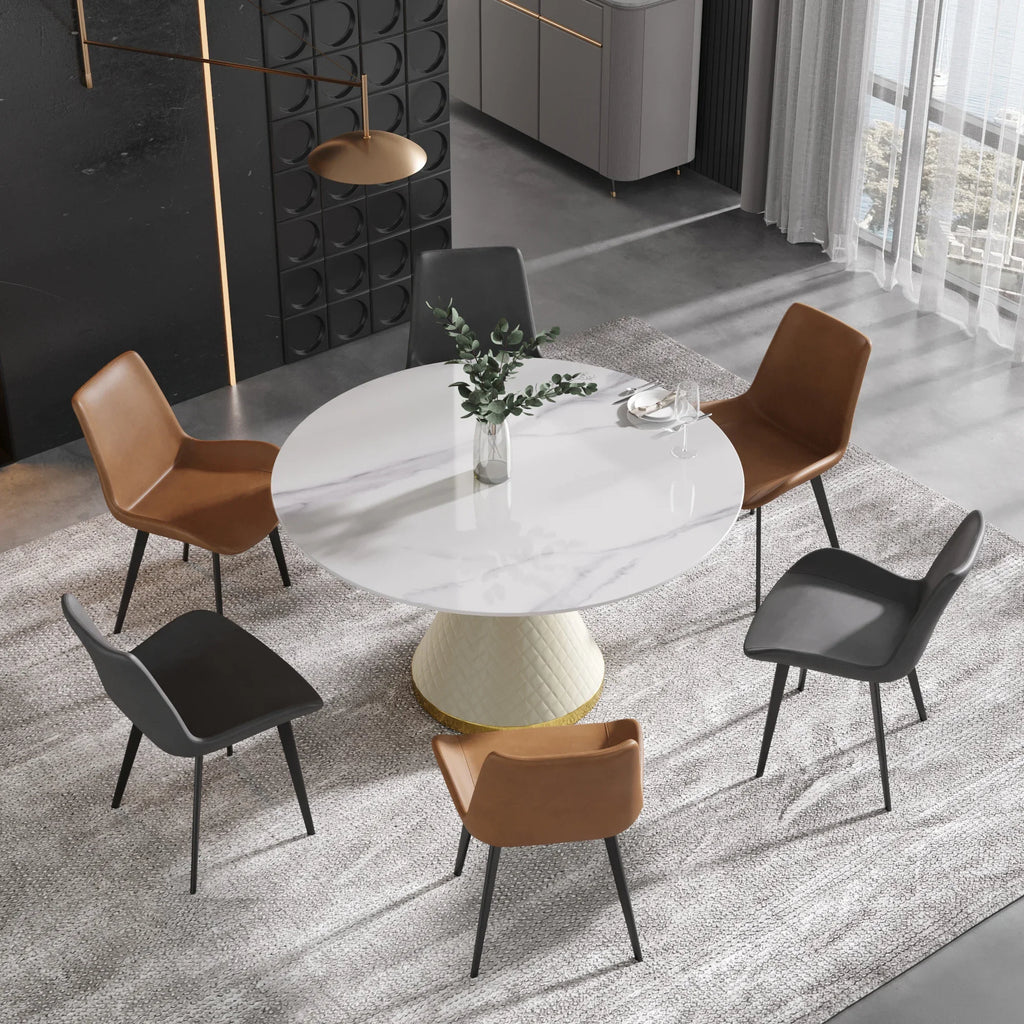 Marbella Sintered Stone Dining Table | 53" White Gloss Round With Leather-Covered Base