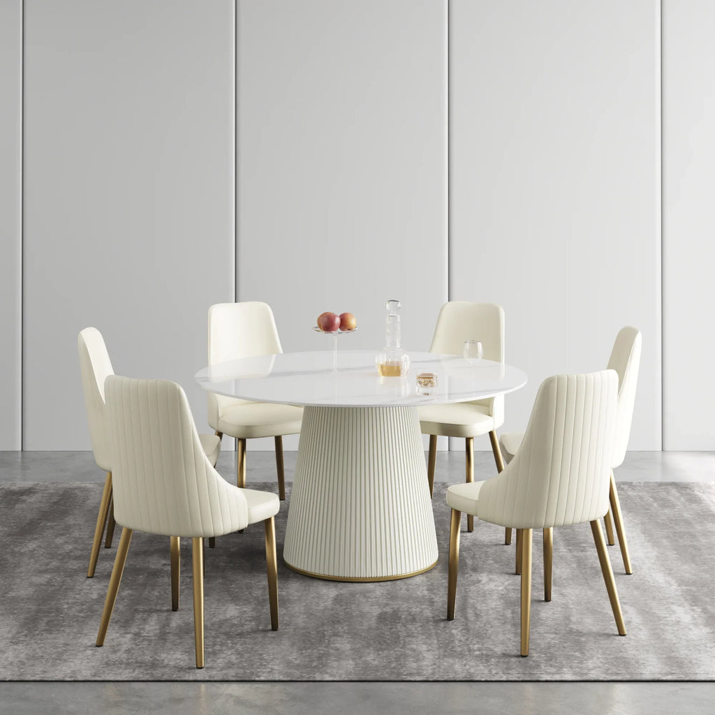 Marbella Sintered Stone Dining Table | 53" White Gloss Round With Leather-Covered Base