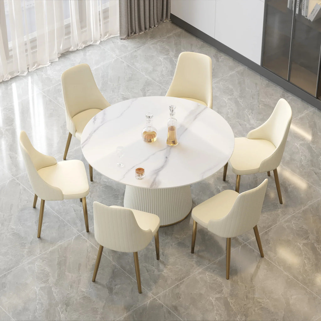 Marbella Sintered Stone Dining Table | 53" White Gloss Round With Leather-Covered Base