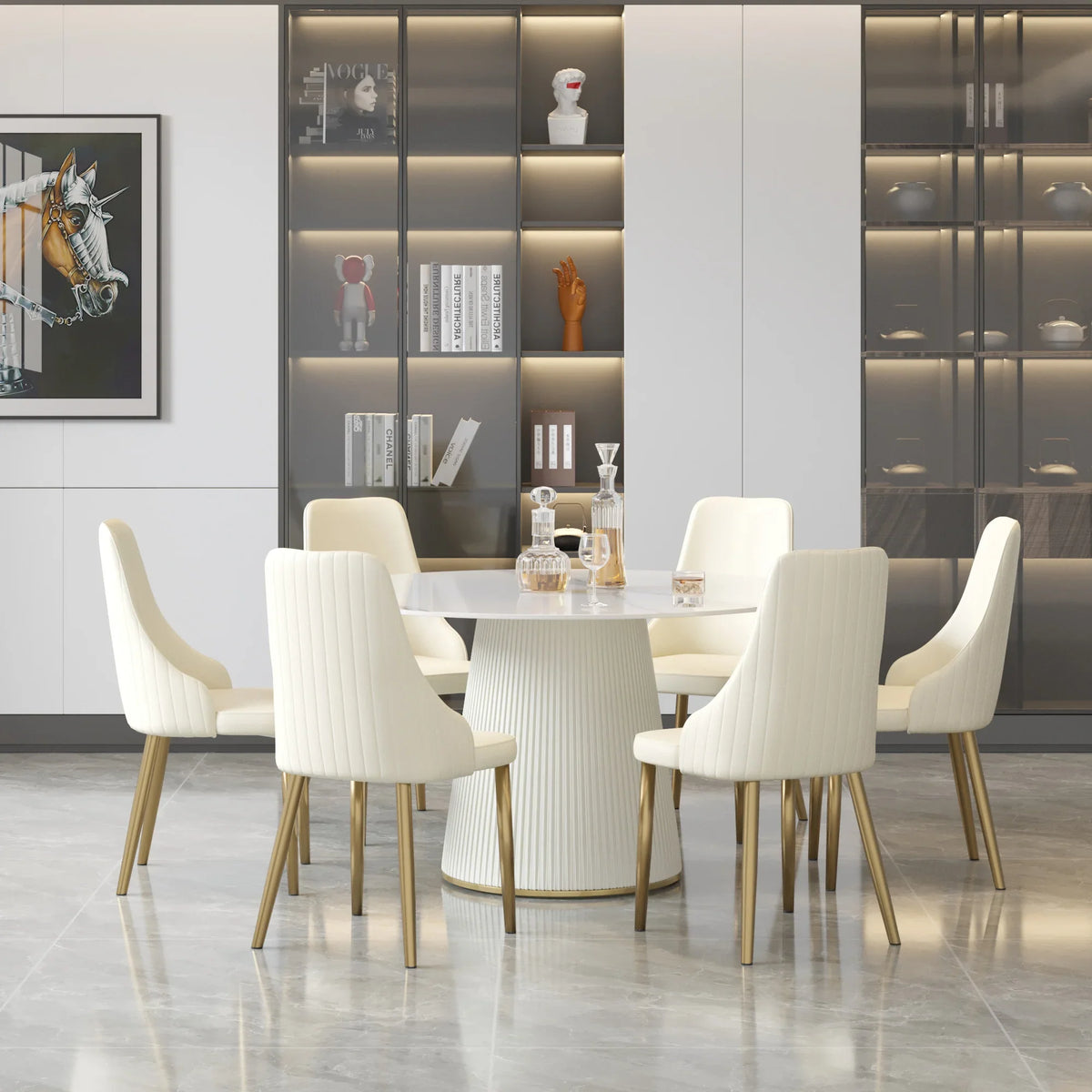 Marbella Sintered Stone Dining Table | 53" White Gloss Round With Leather-Covered Base
