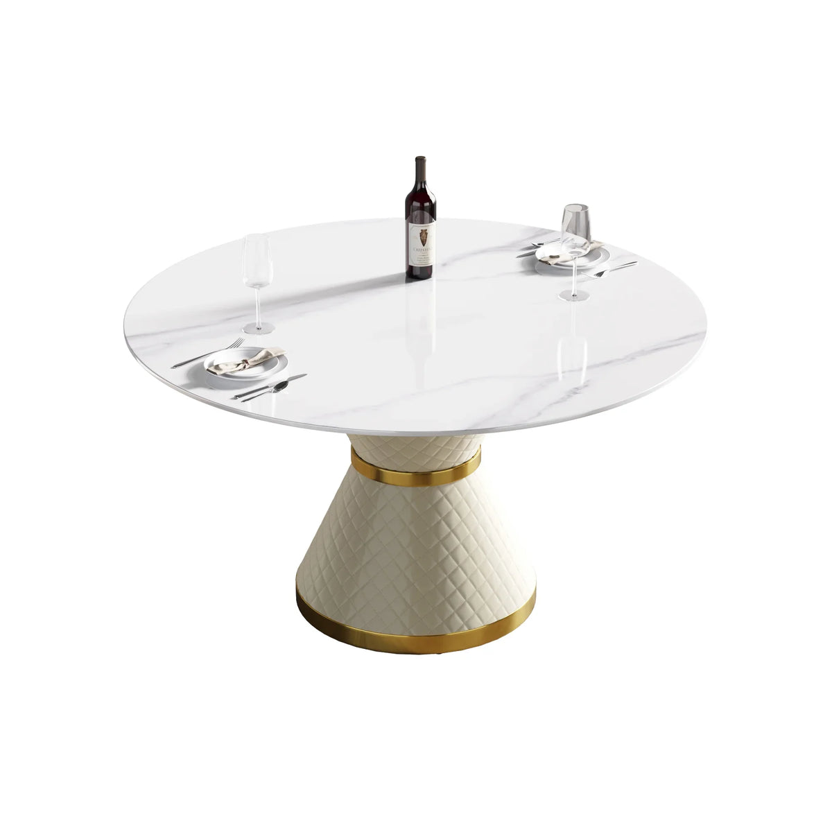 Marbella Sintered Stone Dining Table | 53" White Gloss Round With Leather-Covered Base
