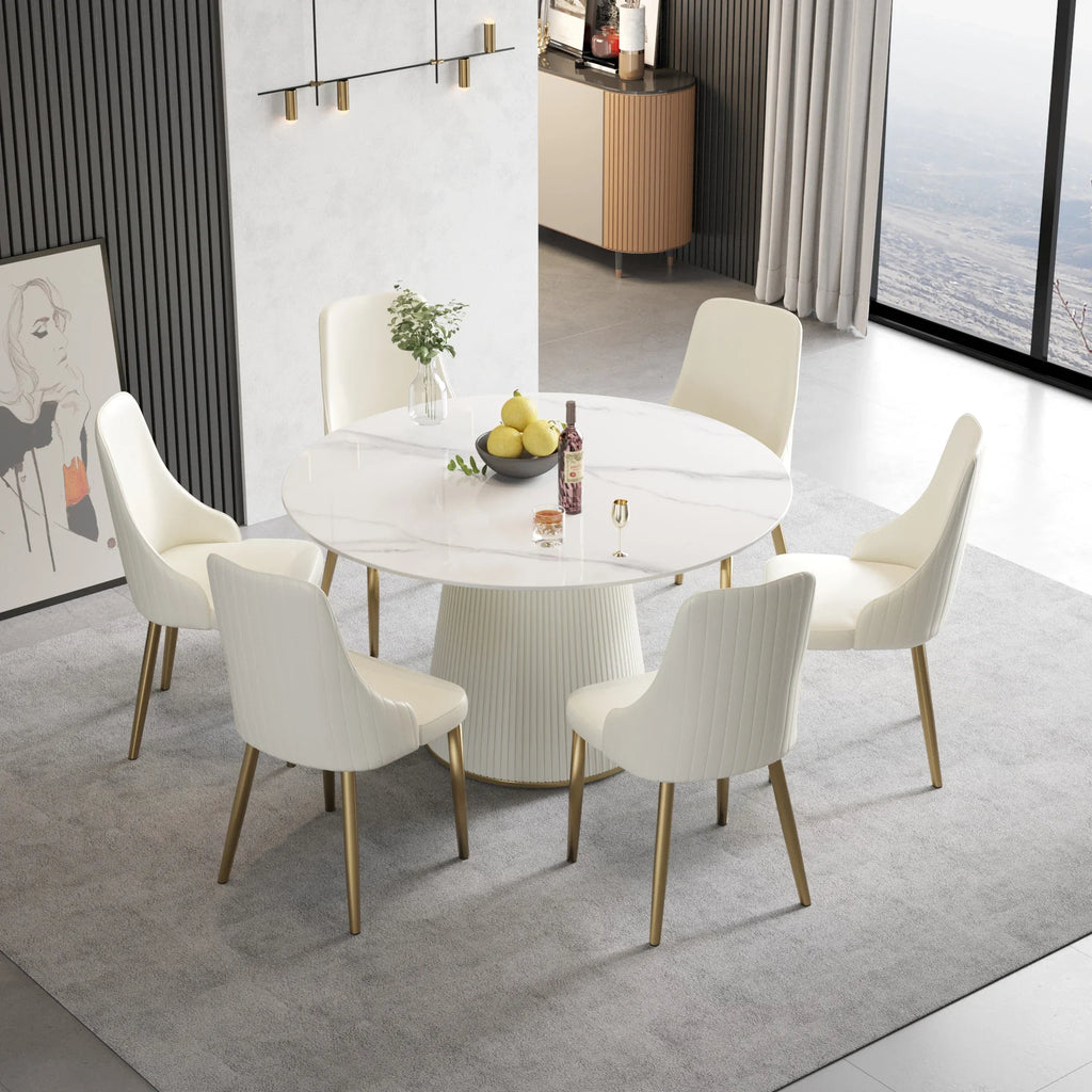 Marbella Sintered Stone Dining Table | 53" White Gloss Round With Leather-Covered Base