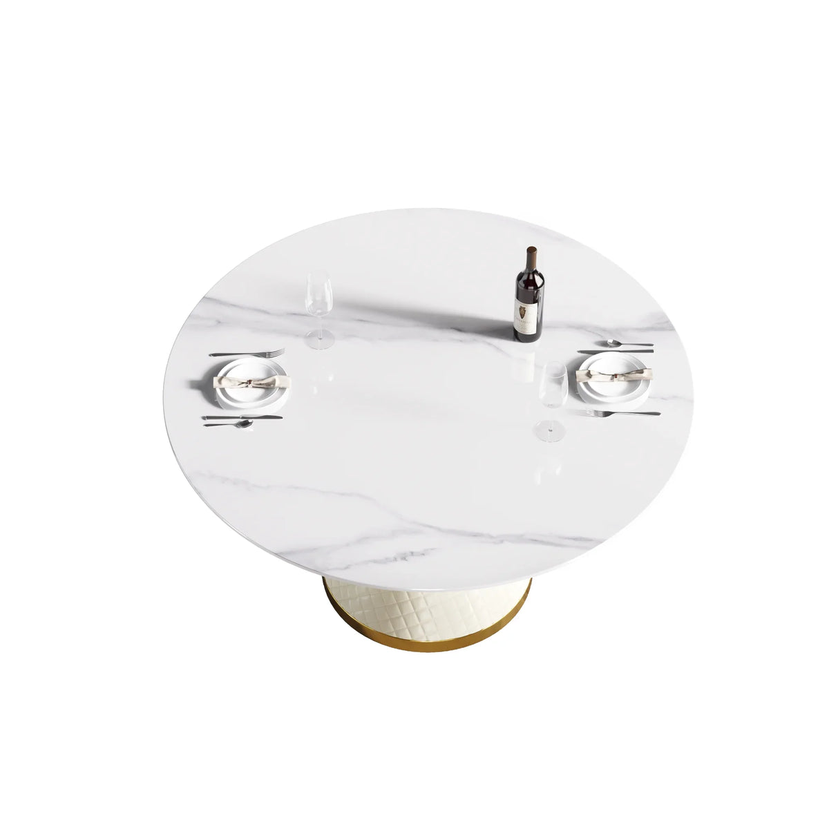 Marbella Sintered Stone Dining Table | 53" White Gloss Round With Leather-Covered Base