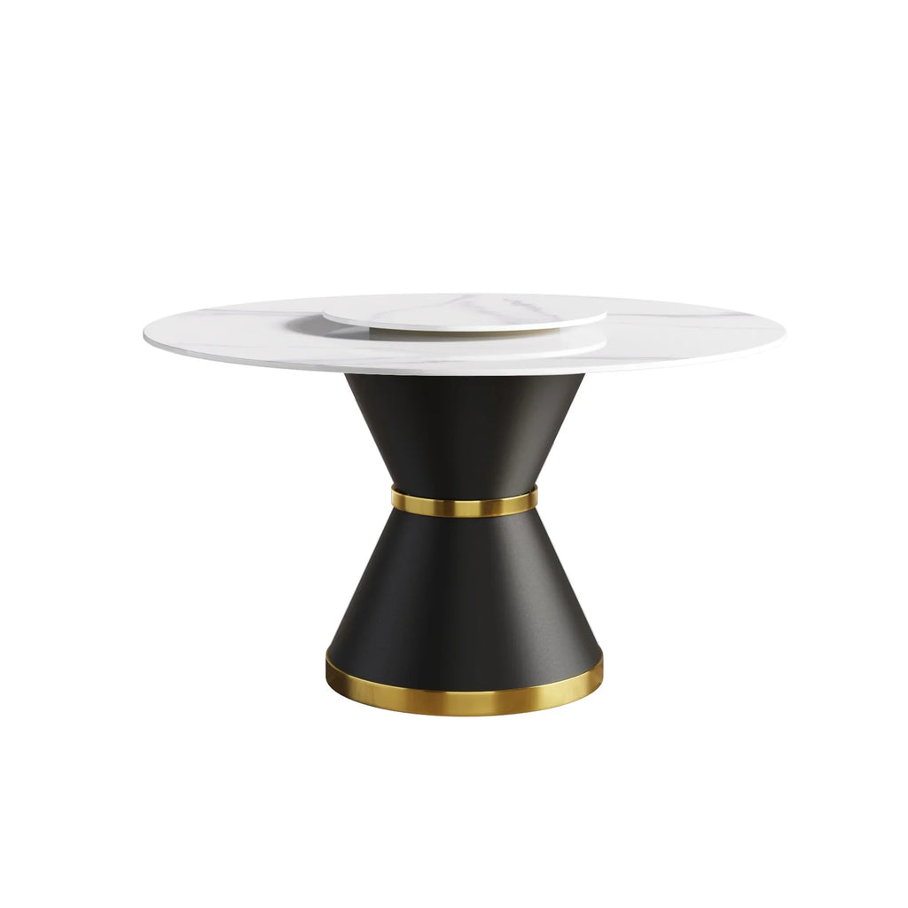 Marbella Sintered Stone Dining Table | 53" White Gloss Round With Metal Base & Lazy Susan