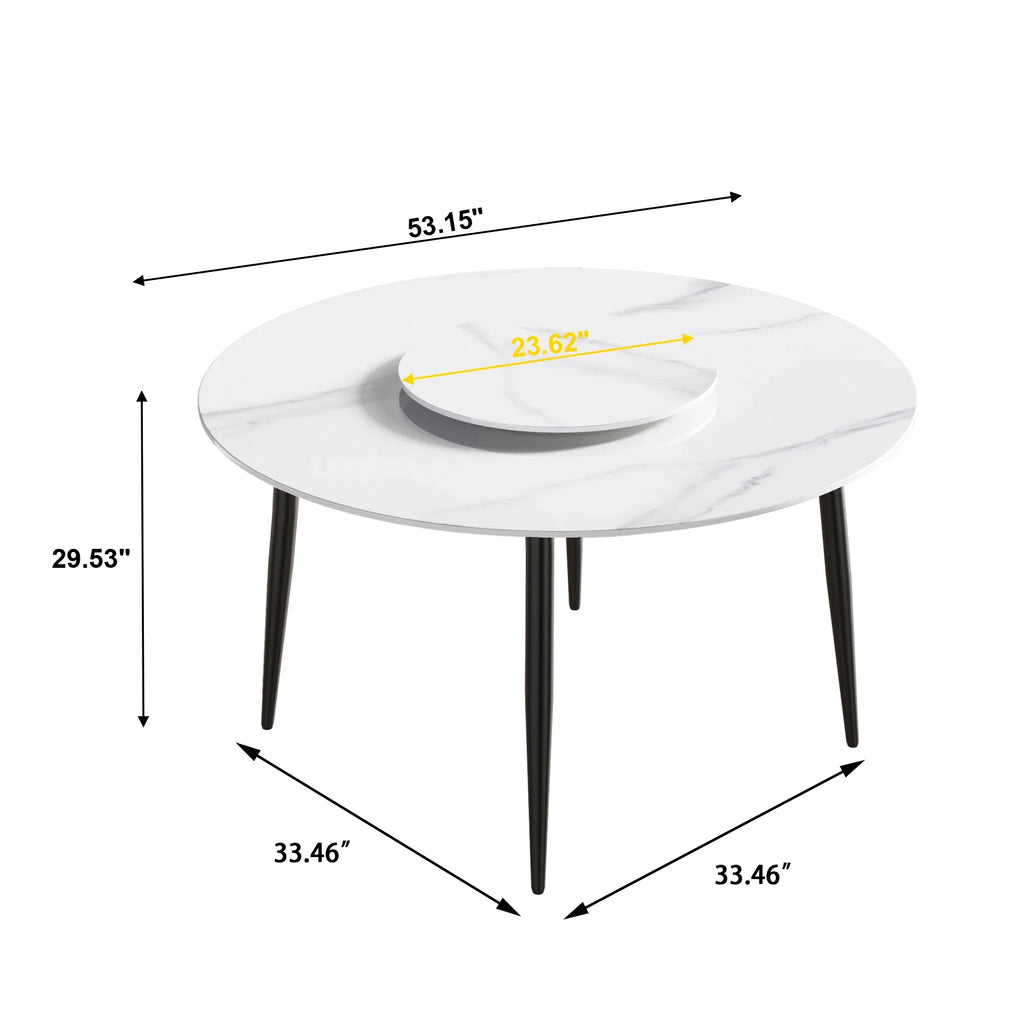 Marbella Sintered Stone Dining Table | 53" White Gloss Round With Metal Base & Lazy Susan