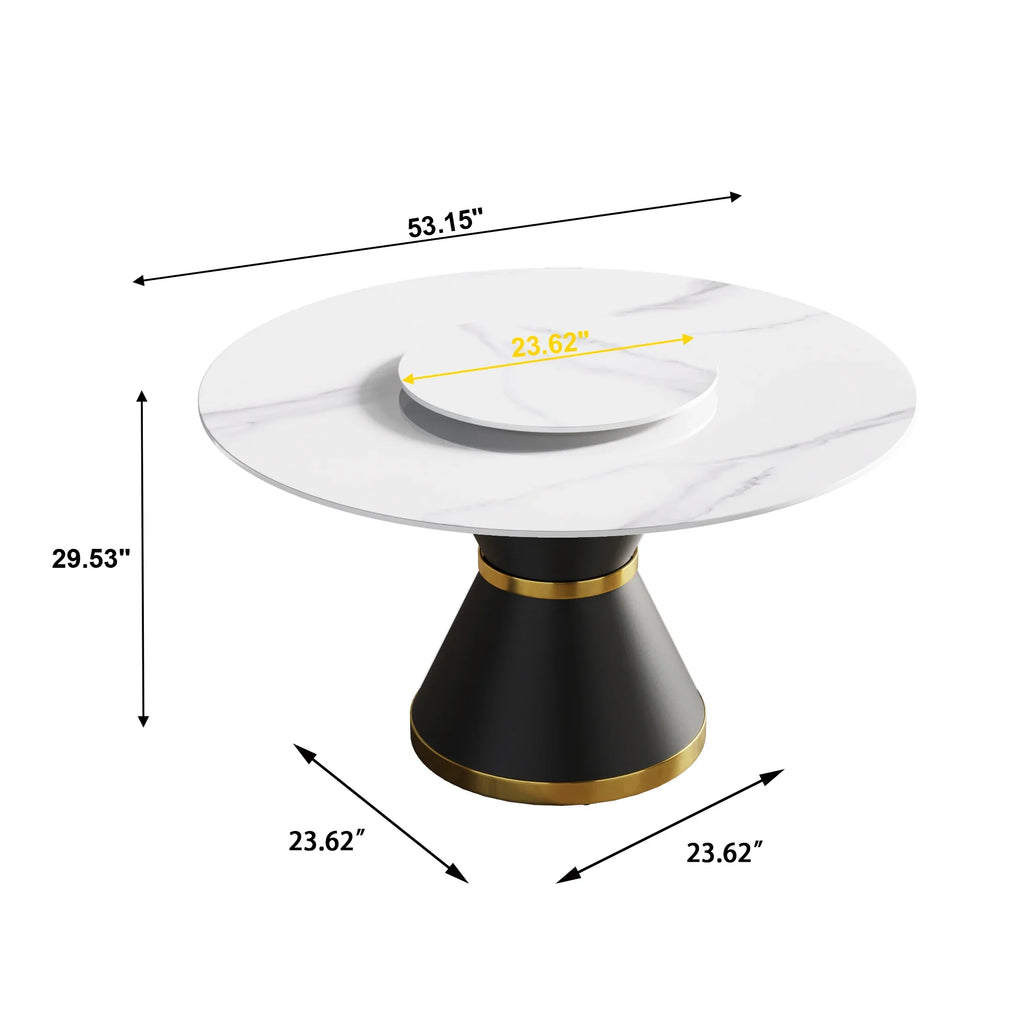 Marbella Sintered Stone Dining Table | 53" White Gloss Round With Metal Base & Lazy Susan